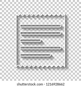 Receipt icon. White outline sign with shadow on transparent background
