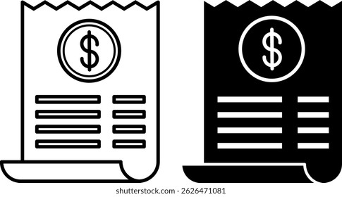 Receipt Icons. Black and White Vector Illustration. Cash Receipt, Check. Personal Finance Concept
