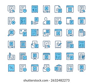Iconos de Comprobante. Conjunto de iconos de línea de Vector. Diseño de contorno moderno. Concepto azul