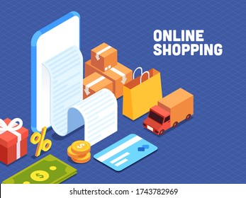 Eingang oder Rechnung auf 3D Smartphone mit Geschenk, Packungsdosen, Gepäckstück, Bargeld, Zahlungskarte und Lieferwagen auf Blue Grid Hintergrund für Online Shopping Concept.