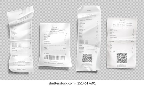 Rechnung, Papierrechnungen mit qr-Code und Strichcode für Scan-Set einzeln auf transparentem Hintergrund. Supermarkt-Einzelhandelscheck und Gesamtkostenzahlung leer. Realistische 3D-Vektorgrafik