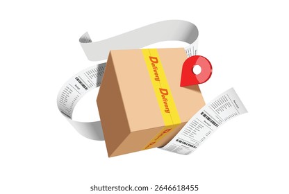 Receipt or invoice paper comes out of a parcel box or cardboard box with red pin indicating delivery location after customer confirms order and pay, vector 3d isolated for online shopping, e commerce