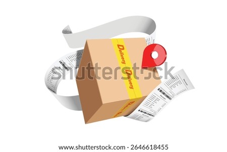 Receipt or invoice paper comes out of a parcel box or cardboard box with red pin indicating delivery location after customer confirms order and pay, vector 3d isolated for online shopping, e commerce