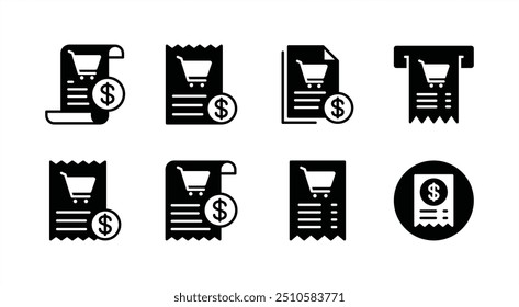 Conjunto de ícones simples de recibo, fatura e recibo de compra. Contendo confirmação de pagamento, transação, compra, registro financeiro, contabilidade, venda, pago, compra, compra, ordem. Ilustração vetorial