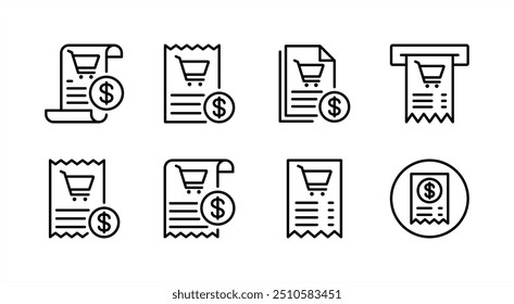 Conjunto de ícones da linha fina de recibo, fatura e recibo de compra. Contendo confirmação de pagamento, transação, compra, registro financeiro, contabilidade, venda, pago, compra, compra, ordem. Ilustração vetorial