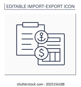 Zeilensymbol empfangen. Rechtliches Dokument zwischen Absender und Beförderer. Detaillierte Liste der Schiffsfracht. Seekarte, die vom Schiffskapitän gegeben wird. Import- und Exportkonzept. Einzige Vektorgrafik. Bearbeitbarer Hub