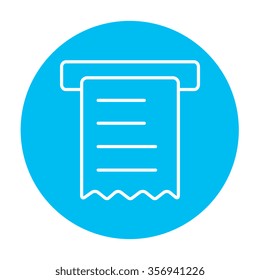 Receipt line icon for web, mobile and infographics. Vector white icon on the light blue circle isolated on white background.