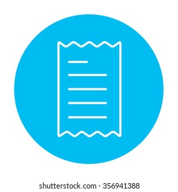 Receipt line icon for web, mobile and infographics. Vector white icon on the light blue circle isolated on white background.