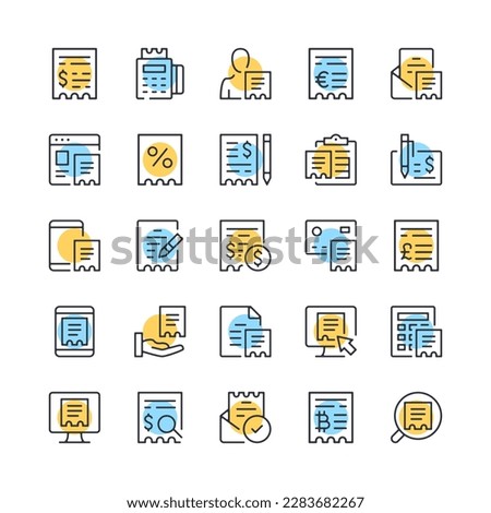 Receipt line icons. Set of receipt icons. Black, blue and yellow colors. Modern outline graphic design. Vector line icons set