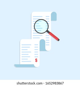 
receipt and magnifying glass. concept of paper checks.Modern flat style illustration for apps and websites. Vector illustration. 10 eps