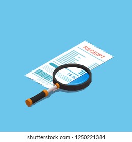 Receipt with magnifying glass icon. Vector isometric financial symbol. Isolated background.
