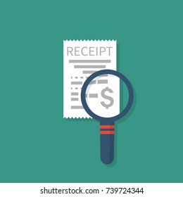 Receipt and magnifying glass isolated on white background. Studying paying bill,  Payment of utility, bank, restaurant. Concept business finance. Vector flat design. Report invoice, expenses.