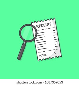 Receipt With Magnifying Glass Vector Icon Illustration. Receipt Paper Flat Icon. Financial Check Icon