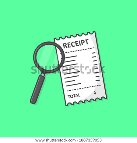 Receipt With Magnifying Glass Vector Icon Illustration. Receipt Paper Flat Icon. Financial Check Icon