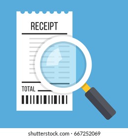 Receipt and magnifying glass. White bill and magnifier. Modern flat design concept. Vector illustration isolated on blue background