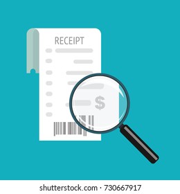 Receipt and magnifying glass. White bill and magnifier. Modern flat design concept. Vector illustration isolated on blue background