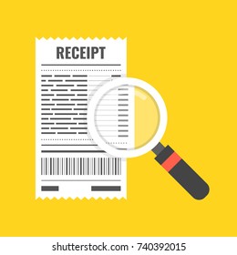 Receipt and magnifying glass. White bill and magnifier. Vector illustration.