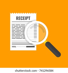 Receipt and magnifying glass. White bill and magnifier. Vector illustration.