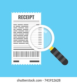 Receipt and magnifying glass. White bill and magnifier. Vector illustration.
