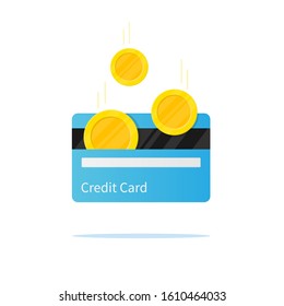 receipt of money on a credit card. gold coins and a credit card in flat style. concept of savings, money income, financial success, wealth. stock vector illustration isolated on white background.