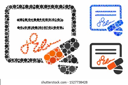 Receipt mosaic of filled circles in variable sizes and shades, based on receipt icon. Vector random circles are composed into blue mosaic. Dotted receipt icon in usual and blue versions.