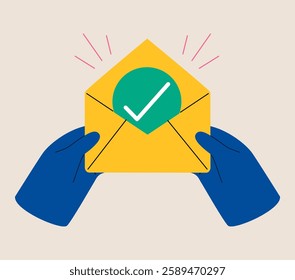 Receipt of notice, message read. Hands holding envelope. Colorful vector illustration
