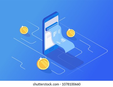 Receipt of notification on financial transaction,  statistics data, mobile bank, smartphone with paper bill, isometric vector technology