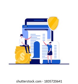 Recepción de la notificación sobre el concepto de transacción financiera con carácter. La gente está cerca del smartphone con factura de papel. Banco móvil. Moderno estilo plano para página de inicio, aplicación móvil, imágenes de héroes.