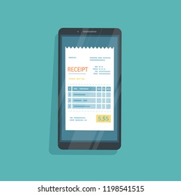Receipt on the phone screen. Payment for goods, services, utility, bank, restaurant via phone. Invoice, check, bill sign. Online Banking. Vector isolated.