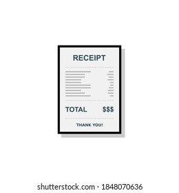 Papel de recibo, cheque de factura, factura, recibo de efectivo. Diseño de trazo negro y sombra. Icono aislado. recibo de compra o factura, cheque de atm con impuesto/IVA.