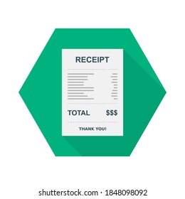 Receipt paper, bill check, invoice, cash receipt. Isolated icon. shop receipt or bill, atm check with tax/vat.