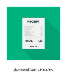 Papel de recibo, cheque de factura, factura, recibo de efectivo. Icono aislado. recibo de compra o factura, cheque de atm con impuesto/IVA.