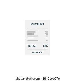 Receipt paper bill or check invoice, cash receipt Isolated on white background. icon. shop receipt or bill from an atm, check with tax/vat.