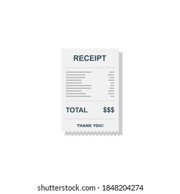 Papel de recibo, cheque de factura, factura, recibo de efectivo. Diseño de sombra. Icono aislado. recibo de compra o factura, cheque de atm con impuesto/IVA.
