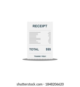 Papel de recibo, cheque de factura, factura, recibo de efectivo. Diseño de sombra. Icono aislado. recibo de compra o factura, cheque de atm con impuesto/IVA.