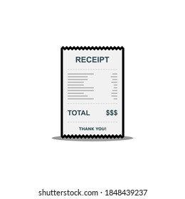 Papel de recibo, cheque de factura, factura, recibo de efectivo. Diseño de trazo negro y sombra. Icono aislado. recibo de compra o factura, cheque de atm con impuesto/IVA.