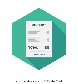 Receipt paper, bill check, invoice, cash receipt. Isolated icon. shop receipt or bill, atm check with tax/vat.