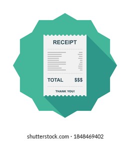 Receipt paper, bill check, invoice, cash receipt. Isolated icon. shop receipt or bill, atm check with tax/vat.