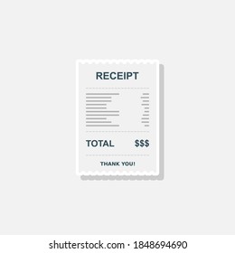Papel de recibo, cheque de factura, factura, recibo de efectivo. Diseño de trazo blanco y sombra. Icono aislado. recibo de compra o factura, cheque de atm con impuesto/IVA.