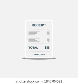 Receipt paper, bill check, invoice, cash receipt. White stroke and shadow design. Isolated icon. shop receipt or bill, atm check with tax/vat.