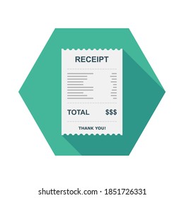 Receipt paper, bill check, invoice, cash receipt. Isolated icon. shop receipt or bill, atm check with tax/vat.