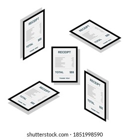 Papel de recibo, cheque de factura, factura, recibo de efectivo. Diseño de trazo negro y sombra. Isometric & Flat icon. recibo de compra o factura, cheque de atm con impuesto/IVA.