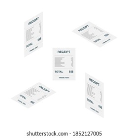 Receipt paper, bill check, invoice, cash receipt. White background. Isometric & Flat icon. shop receipt or bill, atm check with tax/vat.