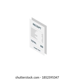 Papel de recibo, cheque de factura, factura, recibo de efectivo. Diseño de sombra. Icono isométrico de la vista izquierda. recibo de compra o factura, cheque de atm con impuesto/IVA.