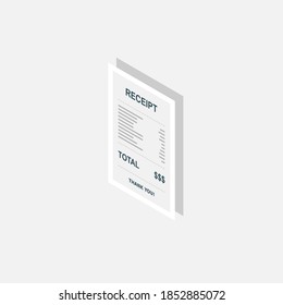 Receipt paper, bill check, invoice, cash receipt. White stroke and shadow design. Left view isometric icon. shop receipt or bill, atm check with tax/vat.