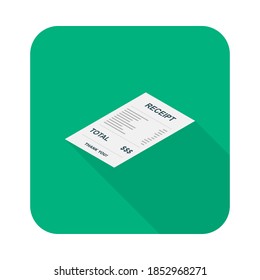 Receipt paper, bill check, invoice, cash receipt. Left view isometric icon. shop receipt or bill, atm check with tax/vat.