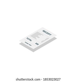 Papel de recibo, cheque de factura, factura, recibo de efectivo. Diseño de sombra. Icono isométrico de la vista izquierda. recibo de compra o factura, cheque de atm con impuesto/IVA.