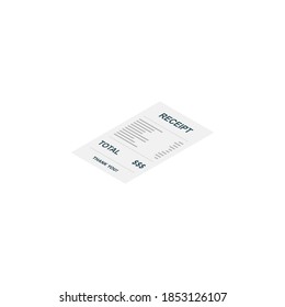 Receipt paper, bill check, invoice, cash receipt. White background. Left view isometric icon. shop receipt or bill, atm check with tax/vat.