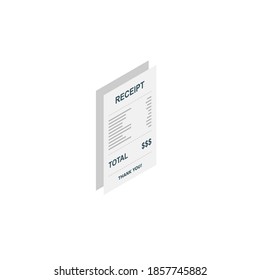 Papel de recibo, cheque de factura, factura, recibo de efectivo. Diseño de sombra. Icono isométrico de vista derecha. recibo de compra o factura, cheque de atm con impuesto/IVA.