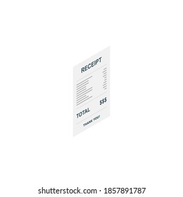 Receipt paper, bill check, invoice, cash receipt. White background. Right view isometric icon. shop receipt or bill, atm check with tax/vat.